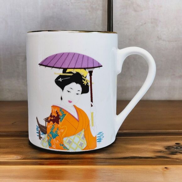 Japanese Geisha Girl Tea Cup Ceramic Painted Design Coffee Mug Gold Trim Orange - Picture 12 of 13